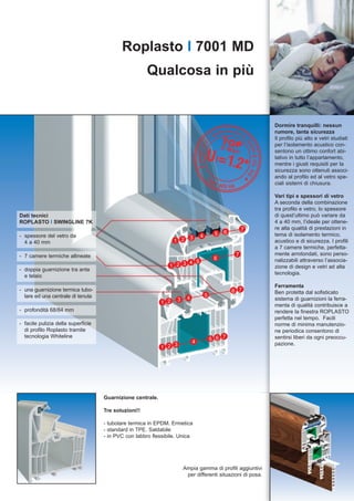 Roplasto I 7001 MD
                                                      Qualcosa in più


                                                                                                              Dormire tranquilli: nessun
                                                                                                              rumore, tanta sicurezza
                                                                                                              Il profilo più alto e vetri studiati
                                                                                                              per l’isolamento acustico con-
                                                                                                              sentono un ottimo confort abi-
                                                                                                              tativo in tutto l’appartamento,
                                                                                                              mentre i giusti requisiti per la
                                                                                                              sicurezza sono ottenuti associ-
                                                                                                              ando al profilo ed al vetro spe-
                                                                                                              ciali sistemi di chiusura.

                                                                                                              Vari tipi e spessori di vetro
                                                                                                              A seconda della combinazione
                                                                                                              tra profilo e vetro, lo spessore
Dati tecnici                                                                                                  di quest’ultimo può variare da
ROPLASTO I SWINGLINE 7K                                                                                       4 a 40 mm, l’ideale per ottene-
                                                                                                       7      re alta qualità di prestazioni in
                                                                                          5   6               tema di isolamento termico,
- spessore del vetro da                                                    3     4
  4 a 40 mm                                                       1 2                                         acustico e di sicurezza. I profili
                                                                                                              a 7 camere termiche, perfetta-
- 7 camere termiche allineate                                                                      7          mente arrotondati, sono perso-
                                                                                          6                   nalizzabili attraverso l’associa-
                                                                     4 5
                                                               1 2 3                                          zione di design e vetri ad alta
- doppia guarnizione tra anta
                                                                                                              tecnologia.
  e telaio
                                                                                                              Ferramenta
- una guarnizione termica tubo-                                                                   6 7         Ben protetta dal sofisticato
  lare ed una centrale di tenuta                                                     5
                                                                    3    4                                    sistema di guarnizioni la ferra-
                                                            1 2
                                                                                                              menta di qualità contribuisce a
- profondità 68/84 mm                                                                                         rendere la finestra ROPLASTO
                                                                                                              perfetta nel tempo. Facili
- facile pulizia della superficie                                                                             norme di minima manutenzio-
  di profilo Roplasto tramite                                                                                 ne periodica consentono di
  tecnologia Whiteline
                                                                             4           5 6 7                sentirsi liberi da ogni preoccu-
                                                                3                                             pazione.
                                                            1 2




                                    Guarnizione centrale.

                                    Tre soluzioni!!

                                    - tubolare termica in EPDM. Ermetica
                                    - standard in TPE. Saldabile
                                    - in PVC con labbro flessibile. Unica




                                                                        Ampia gamma di profili aggiuntivi
                                                                         per differenti situazioni di posa.
 
