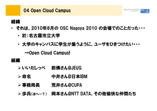 04 Open Cloud Campus

経緯
&bull; それは、2010年8月の OSC Nagoya 2010 の会場でのことだった・・・
  &bull; 於：名古屋市立大学
  &bull; 大学のキャンパスに学生が集うように、ユーザをひきつけたい・・・
     &rarr;Open Cloud Campus!
組織
     いいだしっぺ     前佛さん@JEUG
     命名         中井さん@日本IBM
     事務局長       荒井さん@CUPA
     歩兵（ほへー？）   岡本さん@NTT DATA、その他愉快な仲間たち
 
