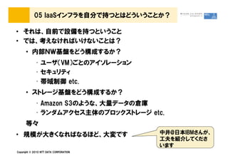 05 IaaSインフラを自分で持つとはどういうことか？

&bull; それは、自前で設備を持つということ
&bull; では、考えなければいけないことは？
      &bull; 内部ＮＷ基盤をどう構成するか？
             &bull; ユーザ（VM）ごとのアイソレーション
             &bull; セキュリティ
             &bull; 帯域制御 etc.
      &bull; ストレージ基盤をどう構成するか？
             &bull; Amazon S3のような、大量データの倉庫
             &bull; ランダムアクセス主体のブロックストレージ etc.
      等々
&bull; 規模が大きくなればなるほど、大変です                    中井@日本IBMさんが、
                                        工夫を紹介してくださ
                                        います
Copyright &copy; 2010 NTT DATA CORPORATION
 