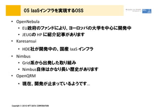 05 IaaSインフラを実現するOSS

&bull; OpenNebula
   &bull; EU政府のファンドにより、ヨーロッパの大学を中心に開発中
   &bull; JEUGの HP に紹介記事があります
&bull; Karesansui
      &bull; HDE社が開発中の、国産 IaaS インフラ
&bull; Nimbus
   &bull; Grid系から出発した取り組み
   &bull; Nimbus自体はかなり長い歴史があります
&bull; OpenQRM
      &bull; 現在、開発が止まっているようです&hellip;



Copyright &copy; 2010 NTT DATA CORPORATION
 