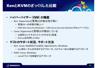 19
XenとKVMのざっくりした比較
• ハイパーバイザー(VMM)の機能
– Xen: Hypervisorと管理OSの独立性が高い
• 管理OSへの攻撃が難しい?
• XSM (Xen Security Modules) – LSM (Linux Security Module) のXenバージョン
– Linux: Hypervisorと管理OSが融合している
• 比較的コンテキストスイッチが少なく高速
• SELinuxを利用したMAC
• ゲストのサポート状況、サポート方法
– Xen: Linux, NetBSD/FreeBSD, OpenSolaris, Windows
• Xen用カーネルを作成するアプローチ、PVドライバのみ移植するアプローチ
– KVM: Linux, Windows
• virtioドライバを移植するアプローチ
 