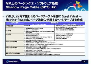 39
VM上のページング① - ソフトウェア処理
Shadow Page Table (SPT) #2
• VVMが、VM内で使われるページテーブルを基に Guest Virtual →
Machine-Physicalのページ追跡に使用するページテーブルを作成
1. VM上からハイパーコールが実行される
2. VMMがvCR3を読み取りVMに制御を戻す
1. VMが管理するvCR3を読み取ろうとする
2. VMX non-rootからVMEXITする
3. VMMがVMEXITの原因を確認し、vCR3を読み取りを再現して再度
VMENTERする
CR3参照
Intel VT / AMD-Vなしの場合Intel VT / AMD-V ありの場合
1. VM上からハイパーコールが実行される
2. VMMがvCR3を書き込んだことにする
3. Shadow Page Table を更新する
4. VMMがVMに制御を戻す
1. VMMが命令をスキャンし、CR3読み書き等の命令を洗い出す
2. 見つかった命令群をハイパーコールに書き換え
1. VMがメモリにアクセスする(この際、実CR3=SPT)
2. CPUがSPTを使用してゲストの仮想アドレスをホストの物理アドレス空間に解決
通常ページへの読み書き
1. VMがメモリにアクセスする(この際、実CR3=SPT)
2. VMからSPT(VMMのメモリ空間)に書き込めないためページフォルトを引き起こす
3. VMMがVM中のページテーブルを更新
4. VMMがvCR3の示すページテーブルにあわせてSPTを更新
ページテーブル書込
1. VMがメモリにアクセスする(この際、実CR3=SPT)
2. VMからSPT(VMMのメモリ空間)を読めずページフォルトを引き起こす
3. VMMが、必要に応じてSPT上のAccess bit, Dirty bitをVM上のページテーブルへ転記
4. VMMが、VMのvCR3が示すページテーブルを返す
ページテーブル参照
1. VMがvCR3を書き込もうとする
2. VMX non-rootからVMEXITする
3. VMMがVMEXITの原因を確認し、vCR3を書き込みを再現する
4. VMMがShadow Page Table を更新する
5. VMMが再度VMENTERし、VMに制御を戻す
CR3書込
(前処理不要)（命令実行前）
実際の操作VM内の操作
 