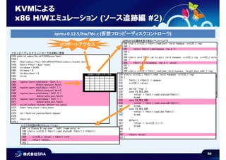 50
フロッピーディスクコントローラをQEMUに登録
1955 static int isabus_fdc_init1(ISADevice *dev)
1956 {
1957 fdctrl_isabus_t *isa = DO_UPCAST(fdctrl_isabus_t, busdev, dev);
1958 fdctrl_t *fdctrl = &isa->state;
1959 int iobase = 0x3f0;
1960 int isairq = 6;
1961 int dma_chann = 2;
1962 int ret;
1963
1964 register_ioport_read(iobase + 0x01, 5, 1,
1965 &fdctrl_read_port, fdctrl);
1966 register_ioport_read(iobase + 0x07, 1, 1,
1967 &fdctrl_read_port, fdctrl);
1968 register_ioport_write(iobase + 0x01, 5, 1,
1969 &fdctrl_write_port, fdctrl);
1970 register_ioport_write(iobase + 0x07, 1, 1,
1971 &fdctrl_write_port, fdctrl);
1972 isa_init_irq(&isa->busdev, &fdctrl->irq, isairq);
1973 fdctrl->dma_chann = dma_chann;
1974
1975 ret = fdctrl_init_common(fdctrl, iobase);
1976
1977 return ret;
1978 }
QEMUからの通知を受け取るイベントハンドラ
589 static uint32_t fdctrl_read_port (void *opaque, uint32_t reg)
590 {
591 return fdctrl_read(opaque, reg & 7);
592 }
593
594 static void fdctrl_write_port (void *opaque, uint32_t reg, uint32_t value)
595 {
596 fdctrl_write(opaque, reg & 7, value);
597 }
598
599 static uint32_t fdctrl_read_mem (void *opaque, target_phys_addr_t reg)
600 {
601 return fdctrl_read(opaque, (uint32_t)reg);
602 }
603
604 static void fdctrl_write_mem (void *opaque,
605 target_phys_addr_t reg, uint32_t value)
606 {
607 fdctrl_write(opaque, (uint32_t)reg, value);
608 }
KVMによる
x86 H/Wエミュレーション (ソース追跡編 #２)
529 static uint32_t fdctrl_read (void *opaque, uint32_t reg)
530 {
531 fdctrl_t *fdctrl = opaque;
532 uint32_t retval;
533
534 switch (reg) {
535 case FD_REG_SRA:
536 retval = fdctrl_read_statusA(fdctrl);
537 break;
538 case FD_REG_SRB:
539 retval = fdctrl_read_statusB(fdctrl);
540 break;
541 case FD_REG_DOR:
542 retval = fdctrl_read_dor(fdctrl);
543 break;
…
556 default:
557 retval = (uint32_t)(-1);
558 break;
559 }
561
562 return retval;
563 }
レジスタの読み取りエミュレーション
847 /* Status B register : 0x01 (read-only) */
848 static uint32_t fdctrl_read_statusB (fdctrl_t *fdctrl)
849 {
850 uint32_t retval = fdctrl->srb;
854 return retval;
855 }
I/Oポートアクセス
qemu-0.12.5/hw/fdc.c (仮想フロッピーディスクコントローラ)
QEMU I/Oポートテーブル
 