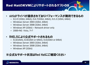 18
Red HatのKVMによりサポートされるゲストOS
• virtioドライバが提供されておりパフォーマンスが期待できるもの
– EL3.9 (32bit, 64bit), EL4.7(32bit, 64bit), EL5.3 (32bi...