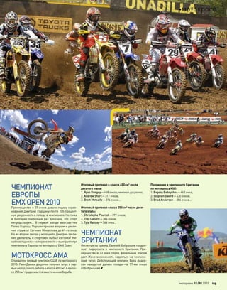 ЧЕМПИОНАТ
ЕВРОПЫ
EMXOPEN2010
Преимущество в 37 очков давало лидеру сорев-
нований Дмитрию Паршину почти 100-процент-
ную уверенность в победе в чемпионате. Но гонка
в  Болгарии очередной раз доказала, что  спорт
непредсказуем… В  первом заезде выиграл чех
Петер Бартош, Паршин пришел вторым и увели-
чил отрыв от Евгения Михайлова до 41-го очка.
Но во втором заезде у мотоцикла Дмитрия закли-
нил двигатель, и спортсмен выбыл из гонки! Ми-
хайлов поднялся на первое место и выиграл титул
чемпионата Европы по мотокроссу EMX Open.
МОТОКРОССAMA
Определен первый чемпион США по мотокроссу
2010. Раян Данжи досрочно получил титул в пер-
вый жегодсвоегодебютав классе450см3
!А в клас-
се 250см3
продолжается ожесточенная борьба.
Итоговый протокол в классе 450см3
после
десятого этапа:
1. Ryan Dungey—468 очков,чемпион досрочно;
2. Andrew Short—317 очков;
3. Brett Metcalfe—314 очков…
Итоговый протокол класса 250см3
после деся-
того этапа:
1. Christophe Pourcel—399 очков;
2. Trey Canard—386 очков;
3. Tyla Rattray—364 очка…
ЧЕМПИОНАТ
БРИТАНИИ
Несмотря на травму, Евгений Бобрышев продол-
жает лидировать в  чемпионате Британии. Пре-
имущество в  33 очка перед финальным этапом
дает Жене возможность надеяться на чемпион-
ский титул. Действующий чемпион Бред Андер-
сон находится далеко позади—в  77-ми очках
от Бобрышева.
Положение в чемпионате Британии
по мотокроссу MX1:
1. Evgeny Bobryshev—463 очка;
2. Stephen Sword—430 очков;
3. Brad Anderson—386 очков…
моторевю 10/98 2010 119
мотокросс
 