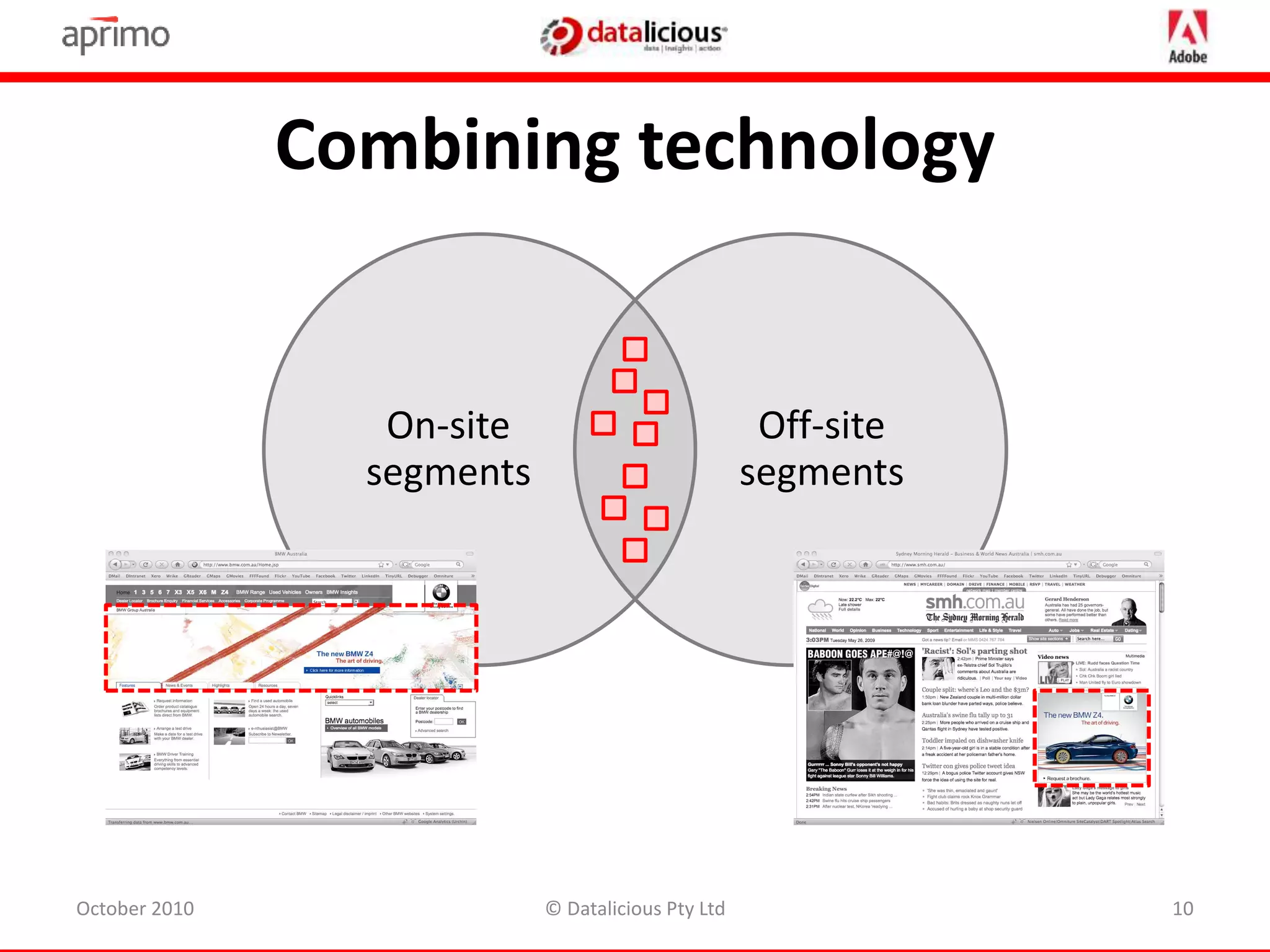 On-site
segments
Off-site
segments
Combining technology
October 2010 © Datalicious Pty Ltd 10
 