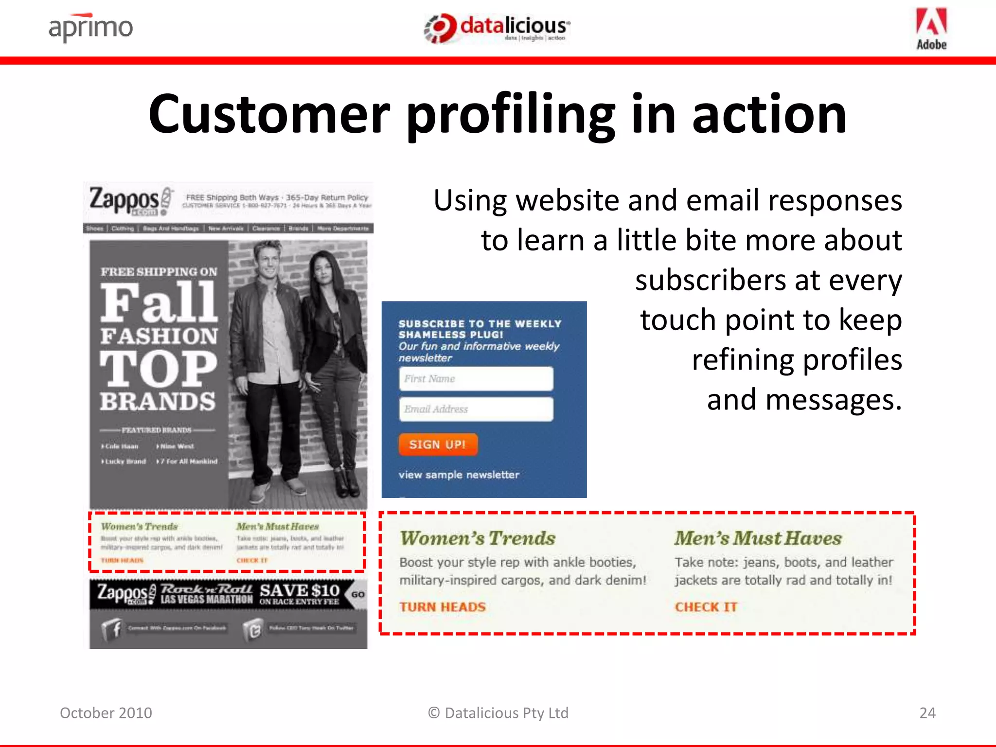 Customer profiling in action
October 2010 © Datalicious Pty Ltd 24
Using website and email responses
to learn a little bite more about
subscribers at every
touch point to keep
refining profiles
and messages.
 