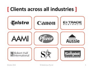 [	
  Clients	
  across	
  all	
  industries	
  ]	
  




October	
  2010	
      ©	
  Datalicious	
  Pty	
  Ltd	
     4	
  
 