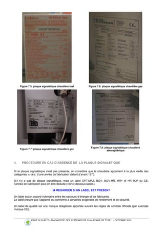 PAGE 30 SUR 77 – DIAGNOSTIC DES SYSTEMES DE CHAUFFAGE DE TYPE 1 – OCTOBRE 2010
Figure 7.5: plaque signalétique chaudière fuel Figure 7.6: plaque signalétique chaudière gaz
Figure 7.7: plaque signalétique chaudière gaz
Figure 7.8: plaque signalétique chaudière
atmosphérique
4. PROCEDURE EN CAS D’ABSENCE DE LA PLAQUE SIGNALETIQUE
Si la plaque signalétique n’est pas présente, on considère que la chaudière appartient à la plus vieille des
catégories, c.-à-d. d’une année de fabrication datant d’avant 1970.
S’il n’y a pas de plaque signalétique, mais un label OPTIMAZ, BGV, BGV-HR, HR+ of HR-TOP ou CE,
l’année de fabrication peut en être déduite (voir ci-dessous labels).



 REGARDER SI UN LABEL EST PRESENT
Un label est un accord volontaire entre les secteurs d’énergie et les fabricants.
Le label prouve que l’appareil est conforme à certaines exigences de rendement et de sécurité.
Un label de qualité est une marque obligatoire apportée suivant les règles de contrôle officiels (par exemple
marque CE).
 