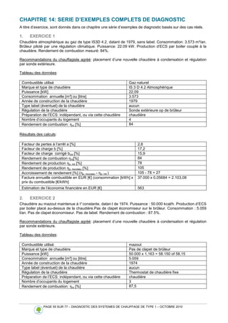 PAGE 55 SUR 77 – DIAGNOSTIC DES SYSTEMES DE CHAUFFAGE DE TYPE 1 – OCTOBRE 2010
CHAPITRE 14: SERIE D’EXEMPLES COMPLETS DE DIAGNOSTIC
A titre d’exercice, sont donnés dans ce chapitre une série d’exemples de diagnostic basés sur des cas réels.
1. EXERCICE 1
Chaudière atmosphérique au gaz de type IS3D 4.2, datant de 1979, sans label. Consommation: 3.573 m³/an.
Brûleur piloté par une régulation climatique. Puissance: 22.09 kW. Production d’ECS par boiler couplé à la
chaudière. Rendement de combustion mesuré: 84%.
Recommandations du chauffagiste agréé: placement d’une nouvelle chaudière à condensation et régulation
par sonde extérieure.
Tableau des données:
Combustible utilisé Gaz naturel
Marque et type de chaudière IS 3 D 4.2 Atmosphérique
Puissance [kW] 22,09
Consommation annuelle [m³] ou [litre] 3.573
Année de construction de la chaudière 1979
Type label (éventuel) de la chaudière aucun
Régulation de la chaudière Sonde extérieure op de brûleur
Préparation de l’ECS: indépendant, ou via cette chaudière chaudière
Nombre d’occupants du logement 4
Rendement de combustion: ηro [%] 84
Résultats des calculs:
Facteur de pertes à l’arrêt a [%] 2,8
Facteur de charge b [%] 17,2
Facteur de charge corrigé bcor [%] 15,9
Rendement de combustion ηro[%] 84
Rendement de production ηp, init [%] 78
Rendement de production ηp, nouveau [%] 105
Accroissement de rendement [%] (ηp, nouveau - ηp, init ) 105 - 78 = 27
Facture annuelle combustible en EUR [€] (consommation [kWh] x
prix du combustible [€/kWh]
37.000 x 0,05684 = 2.103,08
Estimation de l’économie financière en EUR [€] 563
2. EXERCICE 2
Chaudière au mazout maintenue à t°constante, datan t de 1974. Puissance : 50.000 kcal/h. Production d’ECS
par boiler placé au-dessus de la chaudière.Pas de clapet économiseur sur le brûleur. Consommation : 5.059
l/an. Pas de clapet économiseur. Pas de label. Rendement de combustion : 87.5%.
Recommandations du chauffagiste agréé: placement d’une nouvelle chaudière à condensation et régulation
par sonde extérieure.
Tableau des données:
Combustible utilisé mazout
Marque et type de chaudière Pas de clapet de brûleur
Puissance [kW] 50.000 x 1,163 = 58.150 of 58,15
Consommation annuelle [m³] ou [litre] 5.059
Année de construction de la chaudière 1974
Type label (éventuel) de la chaudière aucun
Régulation de la chaudière Thermostat de chaudière fixe
Préparation de l’ECS: indépendant, ou via cette chaudière chaudière
Nombre d’occupants du logement 3
Rendement de combustion: ηro [%] 87,5
 