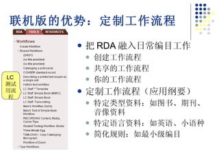联机版的优势：定制工作流程 把 RDA 融入日常编目工作 创建工作流程 共享的工作流程 你的工作流程 定制工作流程（应用纲要） 特定类型资料：如图书、期刊、音像资料 特定语言资料：如英语、小语种 简化规则：如最小级编目 LC 测试用流程 