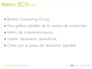 Matriu BCG (1/3)

         Boston Consulting Group.
         Eina gràfica d'anàlisi de la cartera de productes.
         Matriu de creixement-quota.
         Invertir, desinvertir, abandonar.
         Criteri per la presa de decisions: liquiditat.



                                                   
Jordi Puigdellívol   Start-up Mentor and Sherpa       GRèRA   Xarxa Social d'Empreses
 