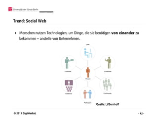 Trend: Social Web

   Menschen nutzen Technologien, um Dinge, die sie benötigen von einander zu
    bekommen – anstelle von Unternehmen.




                                                  Quelle: Li/Bernhoff

© 2011 DigiMediaL                                                           - 42 -
 