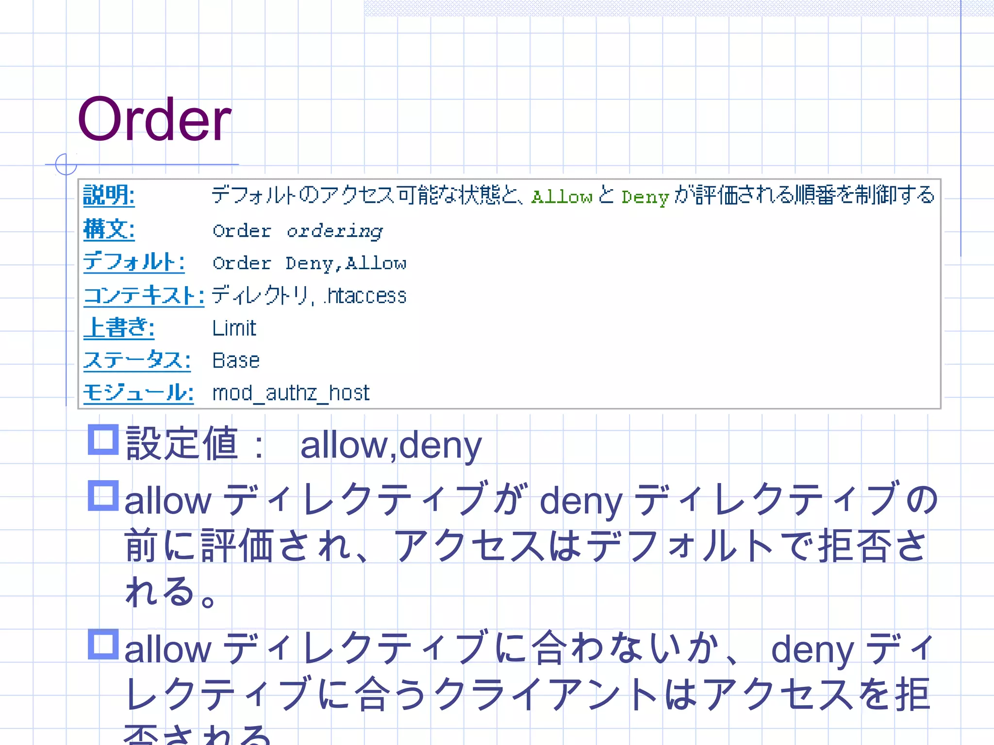 Order
設定値： allow,deny
allow ディレクティブが deny ディレクティブの
前に評価され、アクセスはデフォルトで拒否さ
れる。
allow ディレクティブに合わないか、 deny ディ
レクティブに合うクライアントはアクセスを拒
 