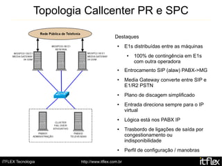 Topologia Callcenter PR e SPC

                                           Destaques
                                             ●     E1s distribuídas entre as máquinas
                                                    ●   100% de contingência em E1s
                                                        com outra operadora
                                             ●     Entrocamento SIP (alaw) PABX->MG
                                             ●     Media Gateway converte entre SIP e
                                                   E1/R2 PSTN
                                             ●     Plano de discagem simplificado
                                             ●     Entrada direciona sempre para o IP
                                                   virtual
                                             ●     Lógica está nos PABX IP
                                             ●     Trasbordo de ligações de saída por
                                                   congestionamento ou
                                                   indisponibilidade
                                             ●     Perfil de configuração / manobras

iTFLEX Tecnologia       http://www.itflex.com.br
 