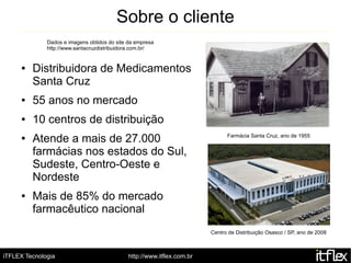 Sobre o cliente
              Dados e imagens obtidos do site da empresa
              http://www.santacruzdistribuidora.com.br/


     ●   Distribuidora de Medicamentos
         Santa Cruz
     ●   55 anos no mercado
     ●   10 centros de distribuição
     ●   Atende a mais de 27.000                                               Farmácia Santa Cruz, ano de 1955


         farmácias nos estados do Sul,
         Sudeste, Centro-Oeste e
         Nordeste
     ●   Mais de 85% do mercado
         farmacêutico nacional
                                                                         Centro de Distribuição Osasco / SP, ano de 2008



iTFLEX Tecnologia                             http://www.itflex.com.br
 