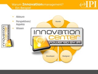 Warum Innovationsmanagement?
– Ein Beispiel
IC
Projekt
…
Prozess
MarktKunden
Design
Erfahrung
ImplizitExplizitIC
Kunde
Lieferant
TPS
DesignerDeveloper
Sales
Consultant
 Akteure
 Wissen
 Perspektiven/
Aspekte
 