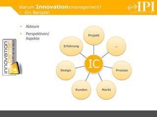 Warum Innovationsmanagement?
– Ein Beispiel
IC
Projekt
…
Prozess
MarktKunden
Design
Erfahrung
 Akteure
 Perspektiven/
Aspekte
 