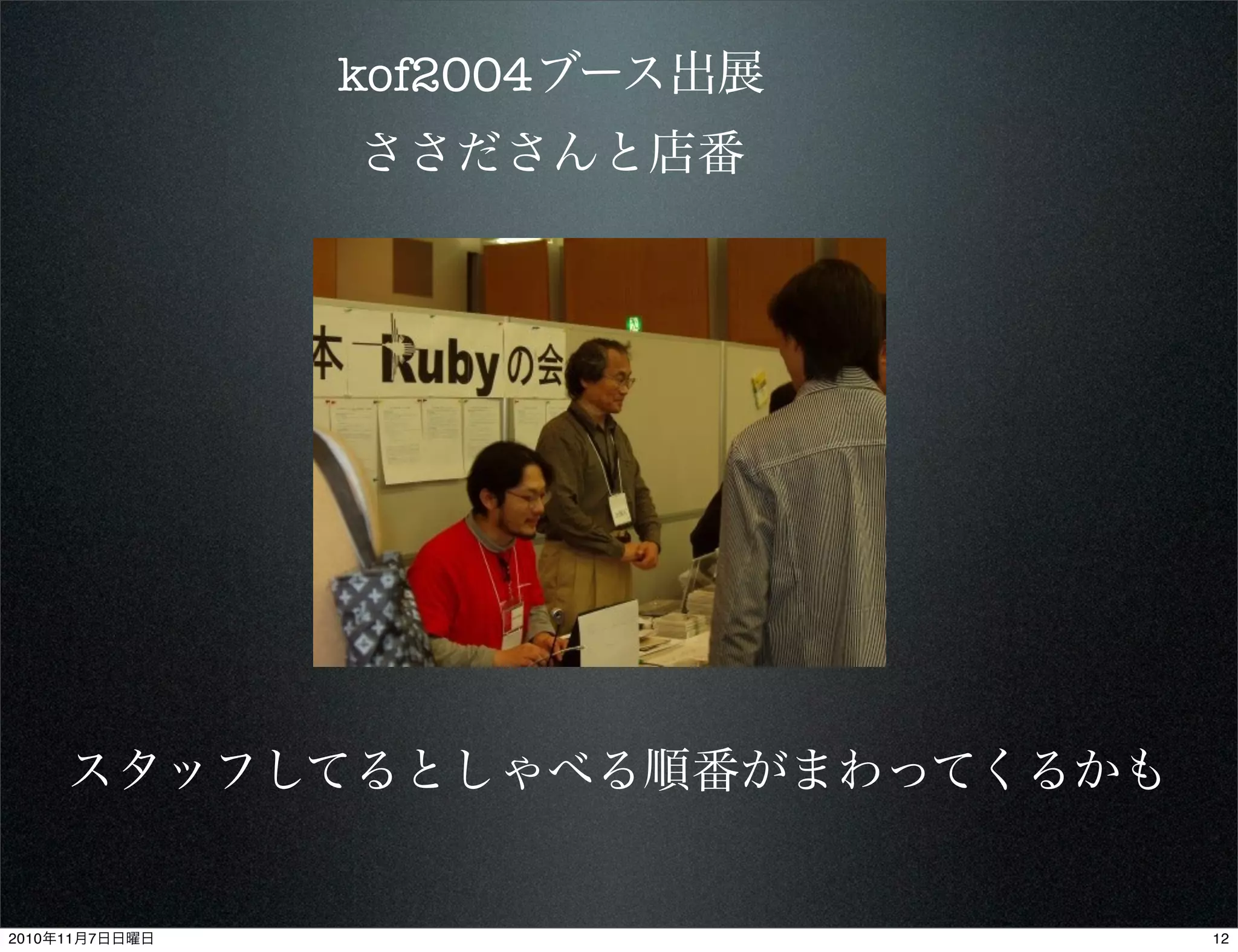 kof2004ブース出展
ささださんと店番
スタッフしてるとしゃべる順番がまわってくるかも
122010年11月7日日曜日
 