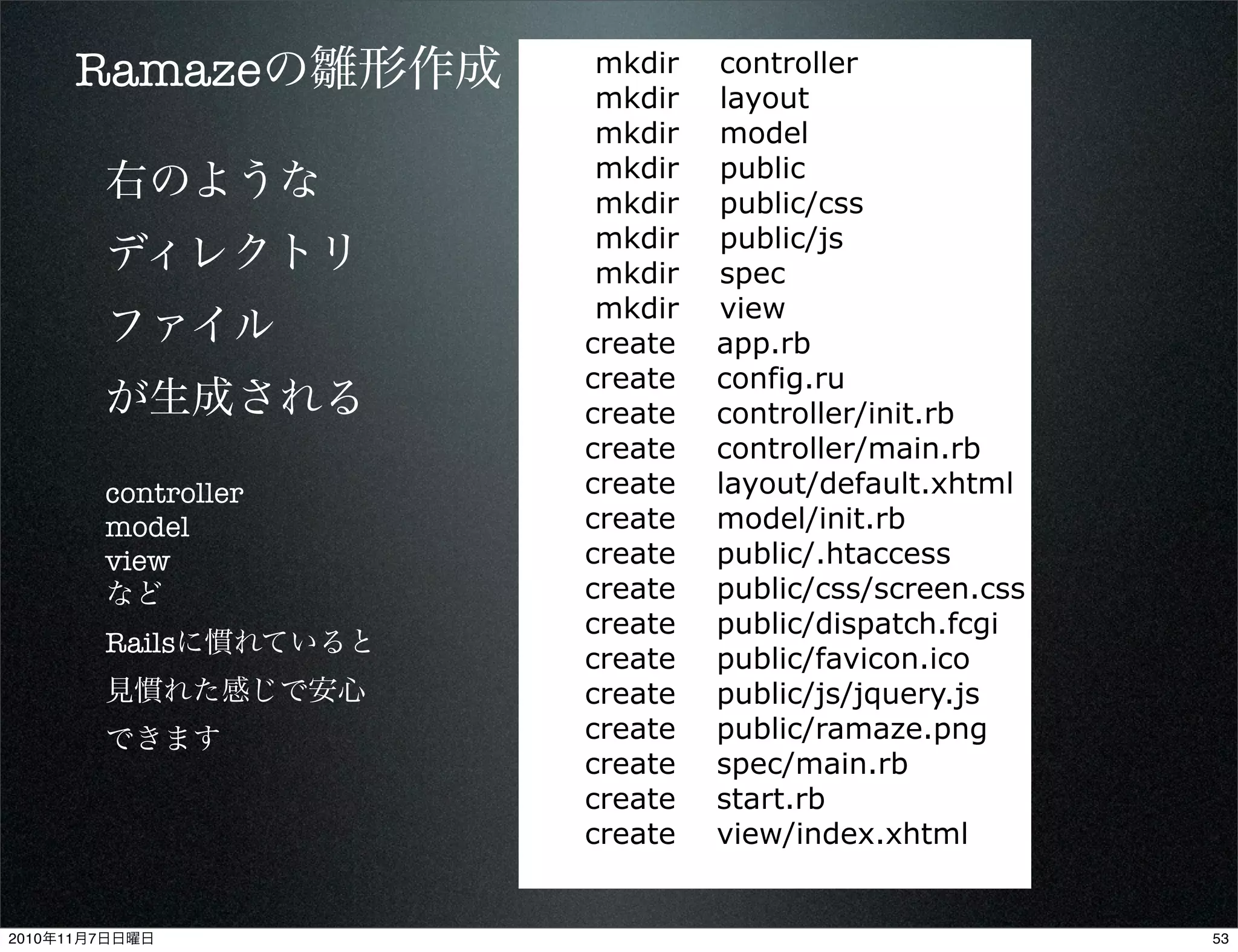 Ramazeの雛形作成 mkdir controller
mkdir layout
mkdir model
mkdir public
mkdir public/css
mkdir public/js
mkdir spec
mkdir view
create app.rb
create config.ru
create controller/init.rb
create controller/main.rb
create layout/default.xhtml
create model/init.rb
create public/.htaccess
create public/css/screen.css
create public/dispatch.fcgi
create public/favicon.ico
create public/js/jquery.js
create public/ramaze.png
create spec/main.rb
create start.rb
create view/index.xhtml
右のような
ディレクトリ
ファイル
が生成される
controller
model
view
など
Railsに慣れていると
見慣れた感じで安心
できます
532010年11月7日日曜日
 