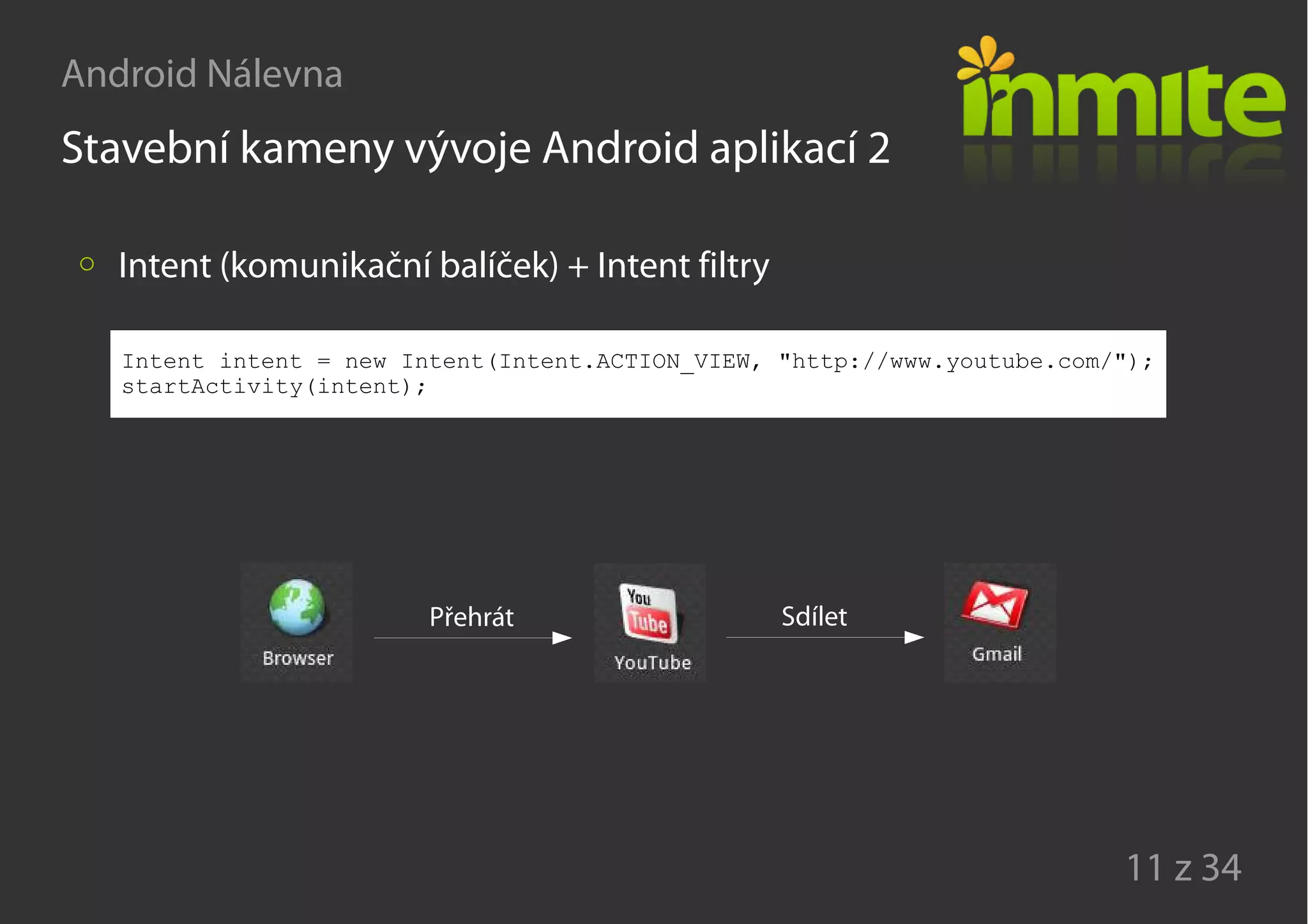 Android Nálevna
11 z 34
Stavební kameny vývoje Android aplikací 2
Intent (komunikační balíček) + Intent filtry
Intent intent = new Intent(Intent.ACTION_VIEW, "http://www.youtube.com/");
startActivity(intent);
Přehrát Sdílet
 