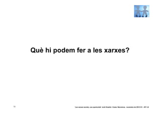 Què hi podem fer a les xarxes?




13                ‘Les xarxes socials, una oportunitat’ Jordi Graells i Costa. Barcelona, novembre de 2010 CC – BY 3.0
 