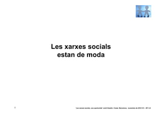 Les xarxes socials
      estan de moda




2          ‘Les xarxes socials, una oportunitat’ Jordi Graells i Costa. Barcelona, novembre de 2010 CC – BY 3.0
 