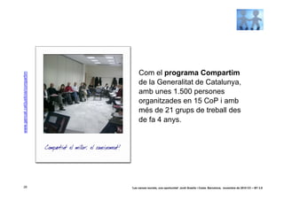 Com el programa Compartim
www.gencat.cat/justicia/compartim




                                         de la Generalitat de Catalunya,
                                         amb unes 1.500 persones
                                         organitzades en 15 CoP i amb
                                         més de 21 grups de treball des
                                         de fa 4 anys.




 28                                 ‘Les xarxes socials, una oportunitat’ Jordi Graells i Costa. Barcelona, novembre de 2010 CC – BY 3.0
 
