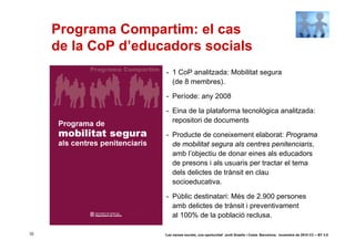 Programa Compartim: el cas
     de la CoP d’educadors socials
                     - 1 CoP analitzada: Mobilitat segura
                       (de 8 membres).

                     - Període: any 2008

                     - Eina de la plataforma tecnològica analitzada:
                       repositori de documents

                     - Producte de coneixement elaborat: Programa
                       de mobilitat segura als centres penitenciaris,
                       amb l’objectiu de donar eines als educadors
                       de presons i als usuaris per tractar el tema
                       dels delictes de trànsit en clau
                       socioeducativa.

                     - Públic destinatari: Més de 2.900 persones
                       amb delictes de trànsit i preventivament
                       al 100% de la població reclusa.

32                   ‘Les xarxes socials, una oportunitat’ Jordi Graells i Costa. Barcelona, novembre de 2010 CC – BY 3.0
 