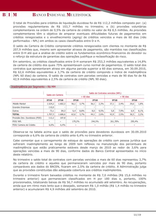 O total de Provisões para créditos de liquidação duvidosa foi de R$ 112,2 milhões composto por: (a)
 provisões regulamentares de R$ 103,7 milhões no trimestre; e (b) provisões voluntárias
 complementares na ordem de 0,5% da carteira de crédito no valor de R$ 8,5 milhões. As provisões
 complementares têm o objetivo de amparar eventuais dificuldades futuras de pagamentos em
 créditos renegociados e o envelhecimento (aging) de créditos vencidos a mais de 60 dias (não
 performados - NPL) em ambos os casos classificados entre D e H.
 O saldo da Carteira de Crédito compreende créditos renegociados com clientes no montante de R$
 207,9 milhões que, mesmo sem apresentar atrasos de pagamento, são mantidos nas classificações
 entre D-H até que a análise de crédito sobre os fundamentos econômico-financeiros do devedor ou
 o reforço da estrutura de garantias das operações justifique a reclassificação do risco.
 Em setembro, os créditos classificados entre D-H somaram R$ 253,3 milhões equivalentes a 14,8%
 da carteira de crédito dos quais 75% apresentavam curso normal de pagamentos. O saldo total dos
 contratos que apresentaram atraso em alguma parcela superior a 60 dias somava, em 30.09.2010,
 R$ 62,6 milhões equivalentes a 3,7% da carteira de crédito compondo o índice de inadimplência
 (NPL 60 dias) da carteira. O saldo de contratos com parcelas vencidas a mais de 90 dias foi de R$
 42,9 milhões equivalentes a 2,5% da carteira de crédito (NPL 90 dias).

Inadimplência por Segmento – R$ MM

                                                                           Saldo de Contratos vencidos (NPL)
                                Saldo em Carteira
                                                                   > 60 dias                                > 90 dias
                                3T10         2T10         3T10                  2T10              3T10                   2T10
Middle Market                   1.524,2      1.602,3     56,1     3,7%         36,1     2,3%    37,1       2,4%         29,6     1,8%
Grandes Empresas                  110,0              -      -        -            -        -       -           -           -        -
Outros                                73,1        84,3    6,4     8,8%          8,0     9,5%     5,8       7,9%          6,9     8,1%
TOTAL                           1.707,3      1.686,6     62,6     3,7%         44,1     2,6%    42,9       2,5%         36,5     2,2%
Provisão Dev. Duvidosos (PDD)     112,2       107,8         -                     -                    -                   -
PDD/ NPL                          -           -          179,2%                244,5%           261,78%                 295,4%
PDD/ Carteira de Crédito          6,6%         6,4%         -                     -                    -                   -


 Observa-se na tabela acima que o saldo de provisões para devedores duvidosos em 30.09.2010
 corresponde a 6,6% da carteira de crédito ante 6,4% no trimestre anterior.
 Cabe comentar que o carregamento de estoque de operações de crédito com pessoa jurídica que
 sofreram inadimplemento ao longo de 2009 tem reflexos na manutenção dos percentuais de
 inadimplência que estão praticamente estáveis desde março de 2010 ao redor de 3,6% para
 operações vencidas a mais de 90 dias, conforme dados do Banco Central apresentados no início
 deste relatório.
 No trimestre o saldo total de contratos com parcelas vencidas a mais de 60 dias representou 3,7%
 da carteira de crédito e aqueles que permaneceram vencidos por mais de 90 dias, portanto
 comparáveis aos dados do BACEN, ficaram em 2,5% da carteira de crédito. A Administração julga
 que as provisões constituídas dão adequada cobertura aos créditos inadimplentes.
 Durante o trimestre foram baixados créditos no montante de R$ 7,0 milhões (R$ 15,6 milhões no
 trimestre anterior) que permaneciam classificados em H por 180 dias e, portanto, 100%
 provisionados, totalizando baixas de R$ 56,7 milhões no acumulado até setembro. As recuperações,
 ainda que em ritmo mais lento que o desejado, somaram R$ 1,0 milhão (R$ 1,4 milhão no trimestre
 anterior) e acumularam R$ 4,9 milhões até setembro de 2010.




                                                                                                                           11/19
 