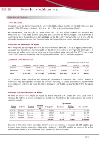 Mercado de Capitais

Total de ações
O capital social do Banco Indusval S.A., em 30.09.2010, estava dividido em 41.212.984 ações das
quais 27.000.000 ações ordinárias (IDVL3) e 14.212.984 ações preferenciais (IDVL4).

O cancelamento, sem redução do capital social, de 1.262.117 ações preferenciais mantidas em
tesouraria até 10.08.2010 quando aprovado pelo Conselho de Administração, será submetido à
Assembleia Geral Extraordinária a ser realizada no dia 18.11.2010 juntamente com a proposta de
alteração do caput do artigo 5 do Estatuto Social da Companhia para refletir esse cancelamento.


Programa de Recompra de Ações
O 4º Programa de Recompra de Ações de Própria Emissão para até 1.301.536 ações preferenciais,
aprovado pelo Conselho de Administração em 10.08.2010 encontra-se em vigor até 09.08.2011. A
recompra de ações dentro desse programa é intermediada pela Indusval S.A. CTVM. Até o dia
30.10.2010 foram recompradas 700.598 ações preferenciais (IDVL4) sob este programa.


Ações em Livre Circulação
                                                                                                     Quantidade de ações em 30.10.2010

     Classe              Capital Social    Grupo de Controle       Administração        Tesouraria            Circulação     Free Float
  Ordinárias                  27.000.000         (17.116.173)        (2.574.369)                 -            7.309.458         27,1%

  Preferenciais            14.212.984             (1.026.653)         (159.570)         (674.998)            12.351.763         86,9%

  Totais                 41.212.984             (18.142.826)       (2.733.939)         (674.998)           19.661.221          47,7%



As 7.309.458 ações ordinárias em circulação pertencem a membros das famílias Ribeiro e
Ciampolini não participantes do bloco de controle. Portanto, as ações preferenciais regularmente
negociadas em ambiente de bolsa de valores totalizam 12.340.369 representando 29,9% do capital
total.


Plano de Opção de Compra de Ações
O Plano de Opção de Compra de Ações do Banco Indusval S.A. criado em 26.03.2008 com o
objetivo de motivar e alinhar interesses de diretores e funcionários de nível gerencial apresenta a
seguinte posição:

                                                                                           Quantidades
                                                   Preço de
  Data da                           Prazo de                                                          Direitos
                   Carência                        exercício    Outorgadas         Exercidas                           Não exercidas
  outorga                           exercício                                                        expirados
                                                      R$
 22.07.08         Três anos       Cinco anos           10,07        161.869                 -                  -               161.869
 10.02.09         Três anos       Cinco anos            5,06        229.067           25.600                  10               203.457
 22.02.10         Três anos       Cinco anos            8,56        525.585                 -             10.814               514.771
 06.08.10         Três anos       Cinco anos            7,72        261.960                -                   -               261.960
                                                                 1.178.481            25.600             10.824            1.142.057


Durante o trimestre foram exercidas 25.600 opções de compra e baixadas 10.824 opções que
tiveram seus direitos expirados totalizando, portanto, 1.142.057 opções de compra de ações
preferenciais a exercer sob o Plano de Stock Options do Banco Indusval.



                                                                                                                                14/19
 