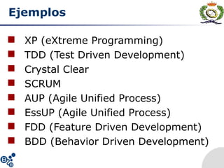 Ejemplos
 XP (eXtreme Programming)
 TDD (Test Driven Development)
 Crystal Clear
 SCRUM
 AUP (Agile Unified Process)
 EssUP (Agile Unified Process)
 FDD (Feature Driven Development)
 BDD (Behavior Driven Development)
 