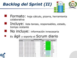 Backlog del Sprint (II)
 Formato: hoja cálculo, pizarra, herramienta
colaborativa
 Incluye: lista tareas, responsables, estado,
tiempo restante
 No incluye: información innecesaria
 Es ágil y soporta el Scrum diario
 