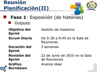 Reunión
Planificación(II)
 Fase 1: Exposición (de historias)
 Outputs:
Objetivo del
Sprint
Gestión de maestros
Scrum Diario De 9:30 a 9:45 en la Sala de
Reuniones
Duración del
Sprint
3 semanas
Revisión del
Sprint
22 de Junio de 2010 en la Sala
de Reuniones
Gráfico
Burndown
Avance ideal
 