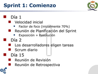 Sprint 1: Comienzo
 Día 1
 Velocidad inicial
 Factor de foco (inicialmente 70%)
 Reunión de Planificación del Sprint
 Exposición + Resolución
 Día 2
 Los desarrolladores eligen tareas
 Scrum diario
 Día 15
 Reunión de Revisión
 Reunión de Retrospectiva
 