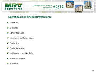 9
Land Bank
Launches
Contracted Sales
Inventories at Market Value
Production
Productivity Index
Indebtedness and Net Debt
Unearned Results
Guidance
Operational and Financial
Performance 3Q10
Operational and Financial Performance
 