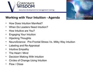 Working with Your Intuition - Agenda
•   How Does Intuition Manifest?
•   When Do Leaders Need Intuition?
•   How Intuitive are You?
•   Engaging Your Intuition
•   Hijacking Thoughts
•   NeuroScience: Pre-Frontal Stress Vs. Milky Way Intuition
•   Labeling and Re-Appraisal
•   Intuitive Empathy
•   The Heart / Mind
•   Decision Making With Intuition
•   Circles of Change Using Intuition
•   Flow / Close
 
