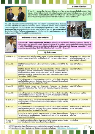 5 พ.ย.53 - ดร.พรชัย รุจิประภา ปลัดกระทรวงวิทยาศาสตร์และเทคโนโลยี และคณะ เยือน
สวทช. ในโอกาสนี ดร.ทวีศักดิ ให ้การต ้อนรับและบรรยายภาพรวมการดําเนินงานของ สวทช. โดยมี
คุณเครือวรรณ โพธิสมบัติ ผู้ช่วยผู้อํานวยการไบโอเทค เป็นหนึงในตัวแทนผู้บริหารศูนย์แห่งชาติ
ร่วมต ้อนรับและประชุมหารือแนวทางการส่งเสริมงานวิจัยของ สวทช. ในครังนีด ้วย
16-18 พ.ย. 53 หน่วยบริการเทคโนโลยีเพือการพัฒนาชนบท ไบโอเทค จัดอบรมครูแกนนําและ
นักเรียน (กลุ่มภาคกลาง) เรือง การใช ้เครืองมือ ICT ในการบริหารจัดการความรู้
ศูนย์คอมพิวเตอร์ มหาวิทยาลัย
ราชภัฏวไลยอลงกรณ์ ในพระ
บรมราชูปถัมภ์ จ.ปทุมธานี
18 พ.ย. 53 BIOTEC Research Forum: เป้าหมายการให ้ทุนตามคลัสเตอร์จาก CPMO ใน
SPA II
ห ้อง 127 ไบโอเทค
BIOTEC Special Forum on “Species-metabolite relation database
KNApSAck: toward comprehensive understanding of metabolites in
edible/medicinal plants around the world” by Dr.Shigehiko Kanaya,
Graduate School of Information Science Nara Institute of Science and
Technology (NAIST), Japan
ห ้อง 513 ไบโอเทค
22 พ.ย. 53 หน่วยฝึ กอบรมพร ้อมนักวิจัยห ้องปฏิบัติการสรีรวิทยาสัตว์ หน่วยวิจัย
เทคโนโลยีชีวภาพเกษตร ไบโอเทค ร่วมกับ บจก. ไฟเซอร์ (ประเทศไทย)
จัดการฝึกอบรม เรืองการกระตุ้นไข่ในโค ครังที 1
โรงแรมริมปาว จ.กาฬสินธุ์
23 พ.ย. 53 BIOTEC Special Forum on “Enzymatic Production of Bioactive
Secondary Metabolites" by Prof. Hiroshi Kanzaki, Okayama University,
Japan
ห ้อง 513 ไบโอเทค
24 พ.ย. 53 หน่วยฝึ กอบรมพร ้อมนักวิจัยห ้องปฏิบัติการสรีรวิทยาสัตว์ หน่วยวิจัย
เทคโนโลยีชีวภาพเกษตร ไบโอเทค ร่วมกับ บจก. ไฟเซอร์ (ประเทศไทย)
จัดการฝึกอบรม เรืองการกระตุ้นไข่ในโค ครังที 2
โรงแรมเทพนคร จ.บุรีรัมย์
25-26 พ.ย. 53 ไบโอเทค ร่วมกับ SCG เปิดศูนย์บ่มเพาะเกษตรกรเพือการพัฒนาคุณภาพชีวิต
บนพืนทีดินเค็ม และเยียมชมกิจกรรม ในโครงการนวัตกรรมทางเทคโนโลยีเพือ
การฟืนฟูพืนทีดินเค็ม
จ. อุดรธานี และ จ. ขอนแก่น
26 พ.ย. 53 หน่วยฝึ กอบรมพร ้อมนักวิจัยห ้องปฏิบัติการสรีรวิทยาสัตว์ หน่วยวิจัย
เทคโนโลยีชีวภาพเกษตร ไบโอเทค ร่วมกับ บจก. ไฟเซอร์ (ประเทศไทย)
จัดการฝึกอบรม เรืองการกระตุ้นไข่ในโค ครังที 3
สุรสัมมนาคาร ม. เทคโนโลยีสุร
นารี จ. นครราชสีมา
หน่วยบริการเทคโนโลยีเพือการพัฒนาชนบท ไบโอเทค จัดอบรมสัมมนา
วิสาหกิจชุมชนภาคเหนือตอนบน เรืองอาหารแปรรูปพืนบ ้านมาตรฐานด ้าน
คุณภาพและการบรรจุภัณฑ์
โ ร ง แ ร ม เ ชีย ง ใ ห ม่ ภูคํ า จ .
เชียงใหม่
29 พ.ย.- 1
ธ.ค. 53
หน่วยบริการเทคโนโลยีเพือการพัฒนาชนบท จัดกิจกรรมติดตามความก ้าวหน้า
ผลการดําเนินงานกิจกรรมต่างๆของโรงเรียนในเขตเชียงใหม่
จ. เชียงใหม่
BIOTEC Newsletter จัดทําขึนเพือเผยแพร่ประชาสัมพันธ์กิจกรรมของไบโอเทคสําหรับชาว สวทช.
สนใจฝากประกาศข่าวประชาสัมพันธ์ กรุณาติดต่องานประชาสัมพันธ์ไบโอเทค PublicRelation-DL@biotec.or.th
9 พ.ย.53 - คณะผู้ประกอบการจากสาธารณรัฐเกาหลี ตามโครงการ Korea Technology Business
Incubator หรือ KTBI@TSP ซึงเป็นความร่วมมือ ระหว่าง Chungnam Techno Park และอุทยาน
วิทยาศาสตร์ประเทศไทย เยือน สวทช. และเข ้าเยียมชมห ้องปฏิบัติการไบโอเทค โดยมี ดร.
สมชาย พงศ์พัฒนกิจโชติ นักวิจัยห ้องปฏิบัติการเทคโนโลยีเอนไซม์ และ ดร.วณิลดา รุ่งรัศมี
นักวิจัยห ้องปฏิบัติการไมโครอะเรย์แบบครบวงจร เป็ นตัวแทนให ้การต ้อนรับและบรรยายการ
ดําเนินการและงานวิจัยของห ้องปฏิบัติการแก่คณะผู้เยียมชม
Welcome BIOTEC New TraineeWelcome BIOTEC New Trainee
ขอต ้อนรับ Mr. Fean Davisunjaya Sarian ผู้ช่วยนักวิจัยจาก Biochemistry Research Division, Faculty of
Mathematics and Natural Sciences, Bandung Institute of Technology จากประเทศอินโดนีเซียทีเข ้ามาฝึกปฏิบัติ
งานวิจัยทีห้องปฏิบัติการระบบจุลินทรีย์เพือผลิตชีวโมเลกุล (Microbial Cell Factory Laboratory) โดยมี
ดร. สุทิพา ธนพงศ์พิพัฒน์ เป็นนักวิจัยพีเลียงตังแต่วันที 1 พ.ย. 53 – 31 ม.ค. 54
กิจกรรมเยียมชมกิจกรรมเยียมชม
ปฏิทินกิจกรรมปฏิทินกิจกรรม
 