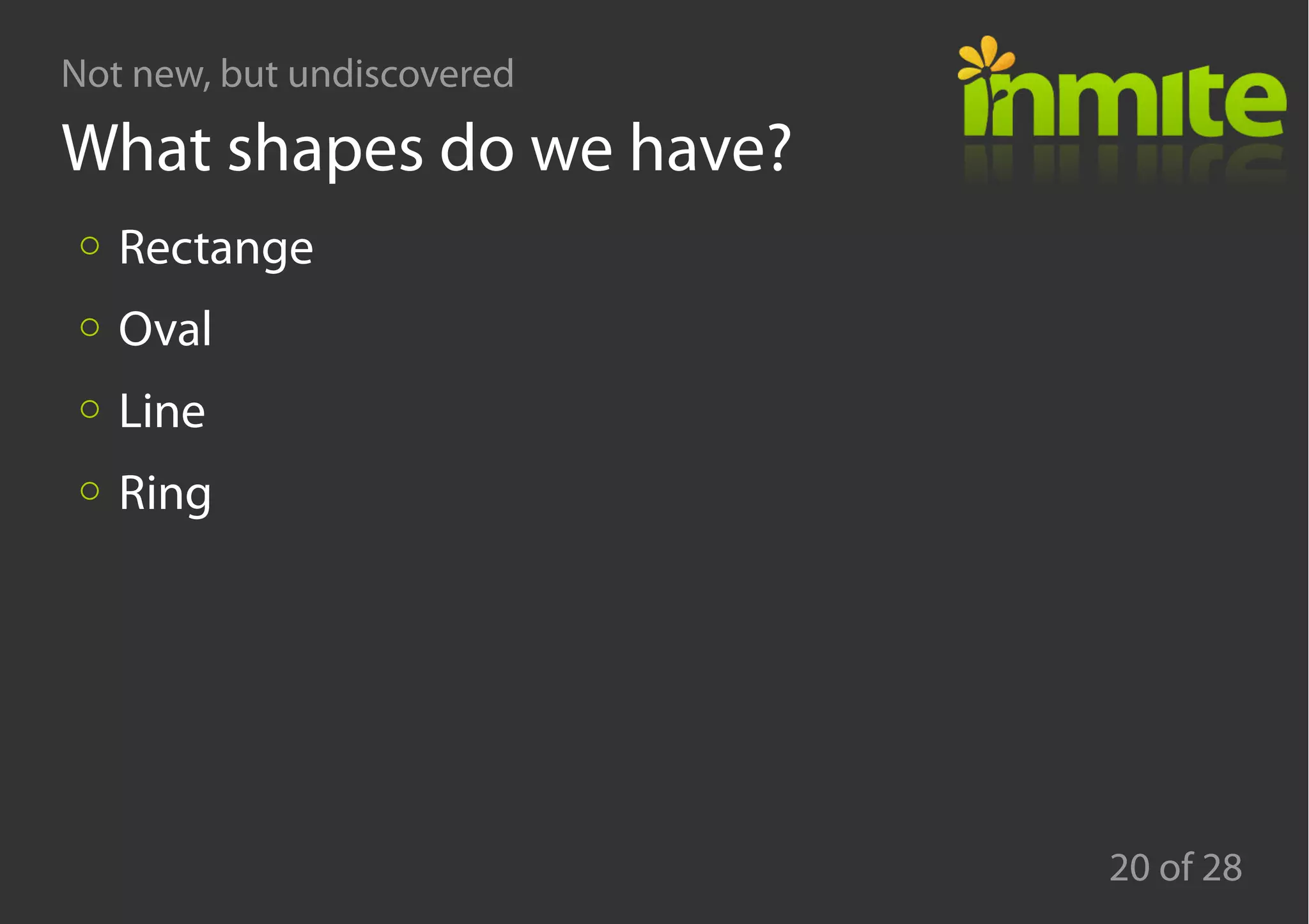 Not new, but undiscovered
20 of 28
What shapes do we have?
Rectange
Oval
Line
Ring
 