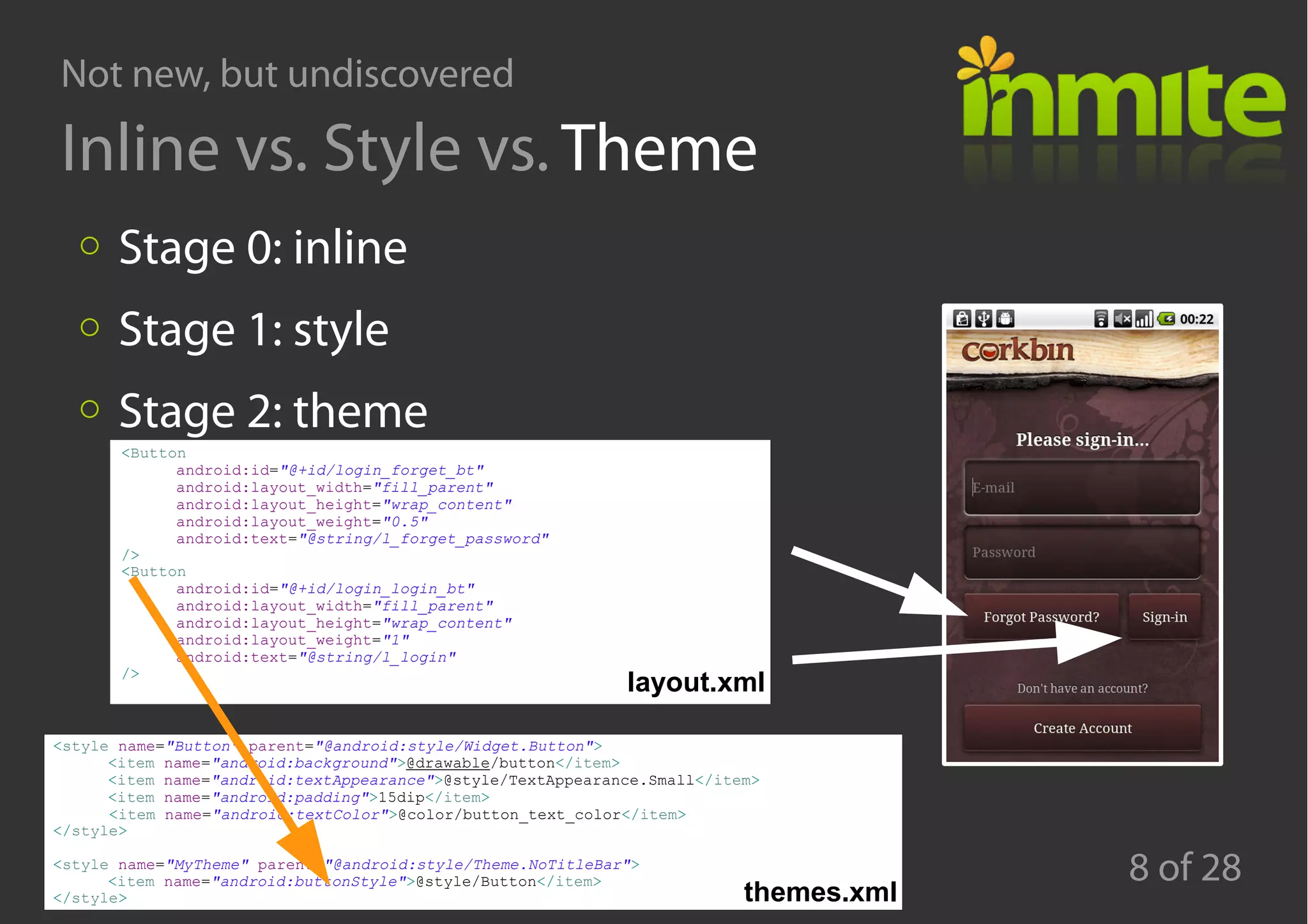 Not new, but undiscovered
8 of 28
Inline vs. Style vs. Theme
Stage 0: inline
Stage 1: style
Stage 2: theme
<Button
android:id="@+id/login_forget_bt"
android:layout_width="fill_parent"
android:layout_height="wrap_content"
android:layout_weight="0.5"
android:text="@string/l_forget_password"
/>
<Button
android:id="@+id/login_login_bt"
android:layout_width="fill_parent"
android:layout_height="wrap_content"
android:layout_weight="1"
android:text="@string/l_login"
/>
<style name="Button" parent="@android:style/Widget.Button">
<item name="android:background">@drawable/button</item>
<item name="android:textAppearance">@style/TextAppearance.Small</item>
<item name="android:padding">15dip</item>
<item name="android:textColor">@color/button_text_color</item>
</style>
<style name="MyTheme" parent="@android:style/Theme.NoTitleBar">
<item name="android:buttonStyle">@style/Button</item>
</style>
layout.xml
themes.xml
 