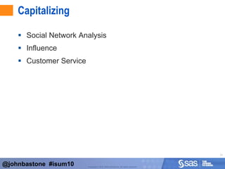 Content: Analytics (Clustering)Clustering 101Look for all documents containing dialog around “reception”Look for other “topics” that who a high correlation with that topicAdjust taxonomy to include these other topicsRinse and repeat@johnbastone  #isum10