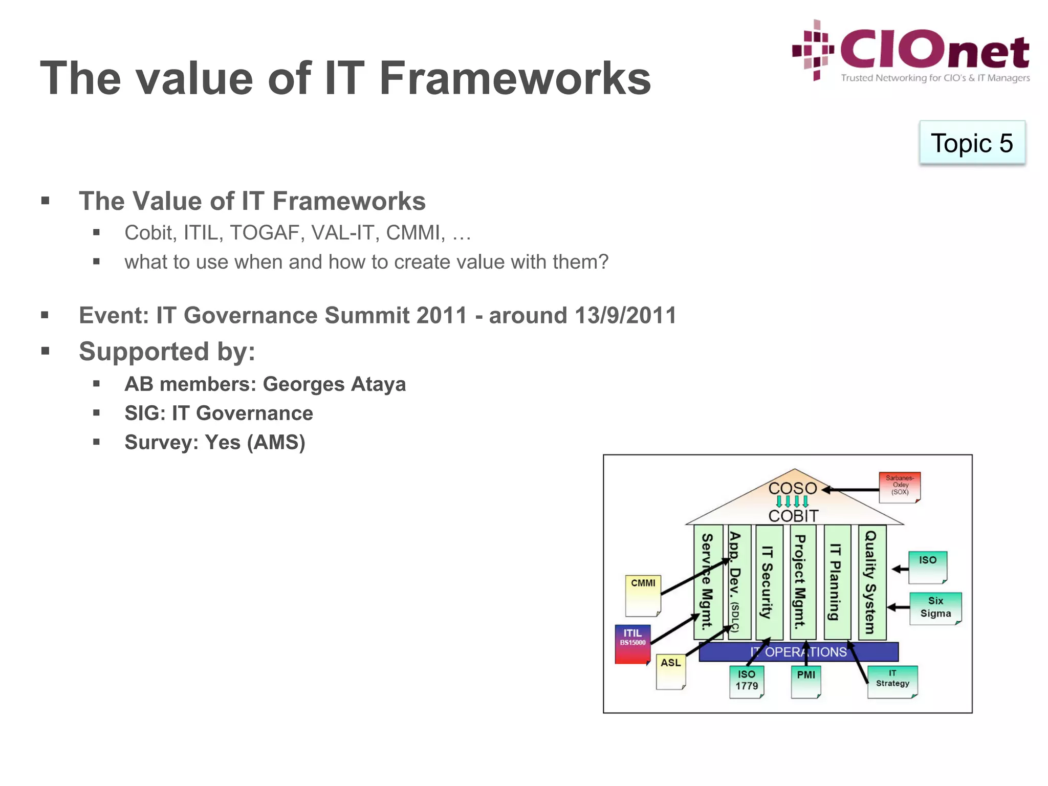 The value of IT Frameworks
                                                                   Topic 5

§  The Value of IT Frameworks
       §    Cobit, ITIL, TOGAF, VAL-IT, CMMI, …
       §    what to use when and how to create value with them?

§    Event: IT Governance Summit 2011 - around 13/9/2011
§  Supported by:
       §    AB members: Georges Ataya
       §    SIG: IT Governance
       §    Survey: Yes (AMS)
 