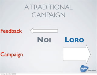 NOI LORO
Campaign
Feedback
ATRADITIONAL
CAMPAIGN
Tuesday, November 16, 2010
 