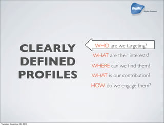 WHO are we targeting?
WHAT are their interests?
WHERE can we ﬁnd them?
WHAT is our contribution?
HOW do we engage them?
CLEARLY
DEFINED
PROFILES
Tuesday, November 16, 2010
 