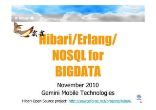 # hibaridb




             Hibari/Erlang/
               NOSQL for
                BIGDATA
                   November 2010
              Gemini Mobile Technologies
   Hibari Open Source project: http://sourceforge.net/projects/hibari/   1
 