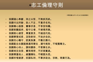 ●志工倫理守則
中華民國 90 年 4 月 24 日內政部發布
 我願誠心奉獻，持之以恆，不無疾而終。
 我願付出所餘，助人不足，不貪求名利。
 我願專心服務，實事求是，不享受特權。
 我願客觀超然，堅守立場，不感情用事。
 我願耐心建言，尊重意見，不越俎代庖。
 我願學習成長，汲取新知，不故步自封。
 我願忠心職守，認真負責，不敷衍應付。
 我願配合志願服務運用單位，遵守規則，不喧賓奪主。
 我願熱心待人，調和關係，不惹事生非。
 我願肯定自我，實現理想，不好高鶩遠。
 我願尊重他人，維護隱私，不輕諾失信。
 我願珍惜資源，拒謀私利，不牽涉政治、宗教、商業行為。
 