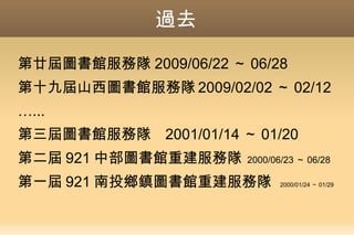 過去
第廿屆圖書館服務隊 2009/06/22 ～ 06/28
第十九屆山西圖書館服務隊 2009/02/02 ～ 02/12
…...
第三屆圖書館服務隊 2001/01/14 ～ 01/20
第二屆 921 中部圖書館重建服務隊 2000/06/23 ～ 06/28
第一屆 921 南投鄉鎮圖書館重建服務隊 2000/01/24 ～ 01/29
 