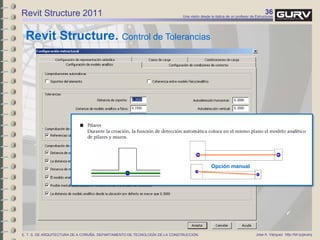 36Una visión desde la óptica de un profesor de Estructuras
Jose A. Vázquez http://bit.ly/javarqE. T. S. DE ARQUITECTURA DE A CORUÑA. DEPARTAMENTO DE TECNOLOGÍA DE LA CONSTRUCCIÓN.
Revit Structure 2011
Revit Structure. Control de Tolerancias
Opción manual
 