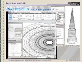 38Una visión desde la óptica de un profesor de Estructuras
Jose A. Vázquez http://bit.ly/javarqE. T. S. DE ARQUITECTURA DE A CORUÑA. DEPARTAMENTO DE TECNOLOGÍA DE LA CONSTRUCCIÓN.
Revit Structure 2011
Revit Structure. Lectura de geometría 3D
 