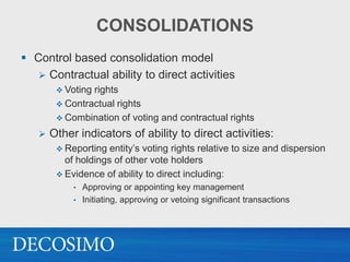CONSOLIDATIONS
 Control based consolidation model
    Contractual ability to direct activities
         Votingrights
         Contractual rights
         Combination of voting and contractual rights

      Other indicators of ability to direct activities:
         Reporting  entity’s voting rights relative to size and dispersion
          of holdings of other vote holders
         Evidence of ability to direct including:
            • Approving or appointing key management
            • Initiating, approving or vetoing significant transactions
 